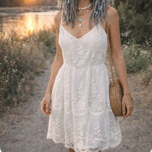 Elegant White Lace Summer Dress Boho Cottagecore Layer Cover Wedding